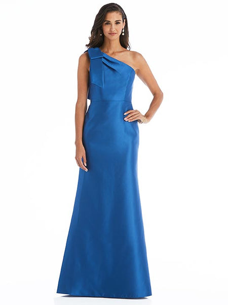 Alfred Sung NWT Women's Size 12 Midnight Blue Satin popular Portrait Collar Trumpet Gown