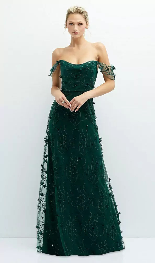 Off-the-Shoulder A-line 3D Floral Embroidered Dress
