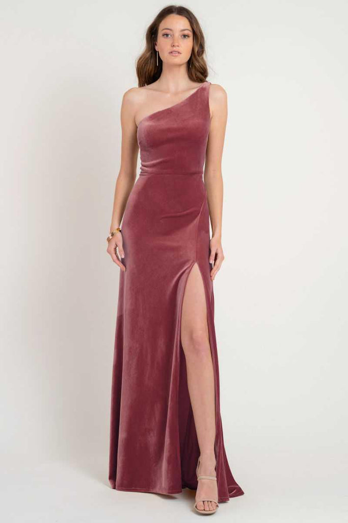 jenny yoo burgundy dress Burgundy velvet dress with a side split and zipper